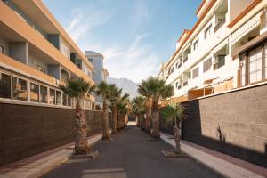 a street with palm trees in front of buildings at Profithome- Brisas de Güimar in Puertito de Güímar