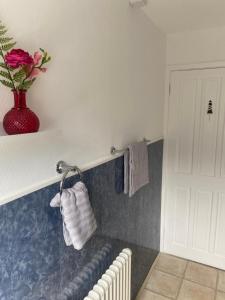 a bathroom with a towel rack and a vase with roses at Tea Lane Cottage in Carnlough +13 photos