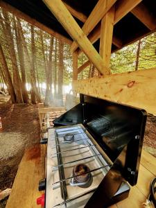 a stove top oven sitting inside of a cabin at Waterfront CedarGrove Yurt-Glamp in Red Bay