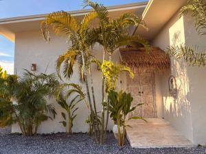 een huis met palmbomen voor een deur bij Bali-Style Villa with Private Pool, 3 Min Walk to Bangrak Beach in Nathon Bay