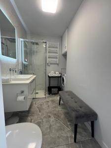 Un baño con inodoro, lavabo y ducha. en Casa Baia Hel, en Hel 11 fotos más