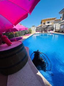 una telecamera posizionata in una piscina con un ombrellone di Apto con piscina y barbacoa a La Alcayna