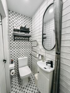 a bathroom with a toilet and a sink and a mirror at Central Park Apartment in Šiauliai