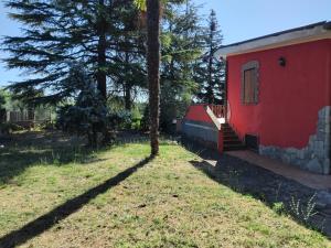 a red house with a tree in front of it at La Pace in Soriano nel Cimino