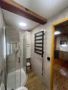 a bathroom with a toilet and a glass shower at Domki Pod Lasem in Macharce +16 photos