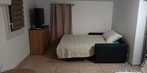 Un pequeño dormitorio con una cama y un televisor. en LES JARDINS D'ORANGE, en Orange 4 fotos más