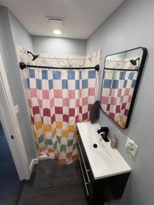 een badkamer met een wastafel en een spiegel bij Luxe in the Lou in Saint Louis