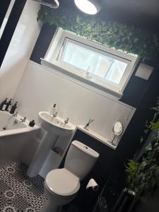 a bathroom with a toilet and a sink and a window at Modern 1 bedroom flat full flat in East Kilbride