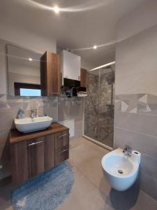 a bathroom with a sink and a toilet and a shower at Maison du bois in Torgnon +23 photos
