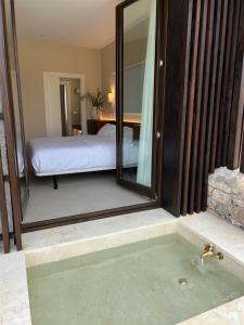 a bathroom with a bath tub with a mirror at Paisana in Aliezo