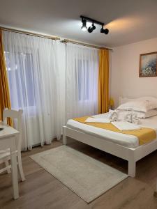 a bedroom with a bed and a window at Pensiunea Ana Cristina in Sighişoara