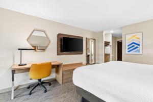 a hotel room with a bed and a desk and a television at Holiday Inn Express and Suites Hotel - Pauls Valley by IHG in Pauls Valley
