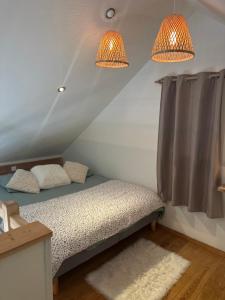 a bed with two pillows and two lights in a room at L’Escale du lac in Brêmes
