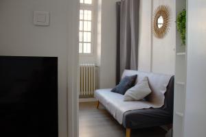 a living room with a couch and a television at L'Echo de Saint-Michel - Parking Privé - StyleCosy in Dijon