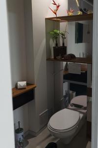 a bathroom with a white toilet and shelves at Teonetere Iti in Teahupoo