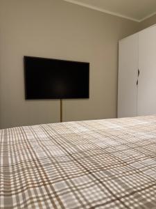 a bedroom with a bed and a flat screen tv at Modern house at Senja in Silsand