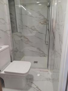 ein weißes Badezimmer mit Dusche und Toilette in der Unterkunft Villa Rica in Azeitão + 1 Foto