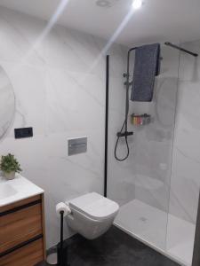 a white bathroom with a shower and a toilet at APARTAMENTO CÉNTRICO - Tetuan - RH Santander 3B in Santander