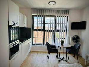 a kitchen with a table and two chairs and a table and a window at Pekanda apartment in Brno