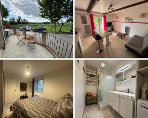 eine Collage mit Bildern eines Schlafzimmers und eines Badezimmers in der Unterkunft Maison de charme, pleine nature in Saint-Côme-et-Maruéjols