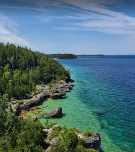 an aerial view of the ocean with rocks and trees at Sky Nest Glamp-Unplug-Reconnect in Red Bay