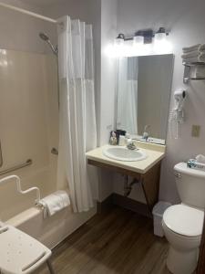 Un baño con lavabo, inodoro y ducha. en Square Rigger Lodge, en Jacksonport