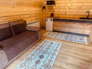 a living room with a couch and a refrigerator at Під озером Синевир 2 in Synevyrsʼka Polyana
