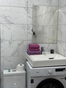 ein Badezimmer mit Waschmaschine und Waschbecken in der Unterkunft Фучика 50 in Zhezdi