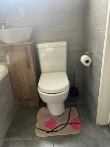 a bathroom with a toilet and a sink and a rug at Inala Urban Guesthouse in Bulawayo