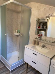 a bathroom with a shower and a sink at Appartement centre ville in Ussel +18 photos