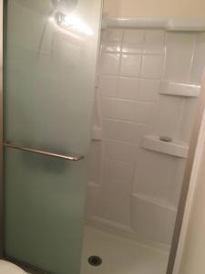 a shower with a glass door in a bathroom at Lake Shores Suites in Shady Shores
