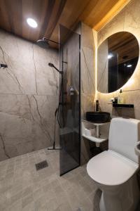 a bathroom with a shower and a toilet and a sink at Rovaniemi City Apartments in Rovaniemi +60 photos