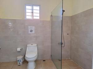 Un baño con inodoro y ducha de cristal. en Hotel Enrique I Gazcue, Bed and Breakfast, en Santo Domingo 60 fotos más