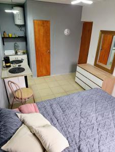 Un dormitorio con una cama y una cocina con fregadero. en Habitación Studio con baño privado, en Iquique