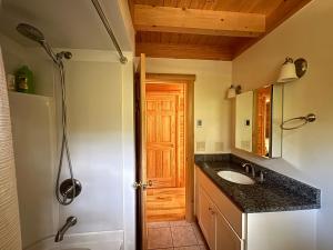 a bathroom with a shower and a sink at Casco Cabin Freeport in Freeport +17 photos