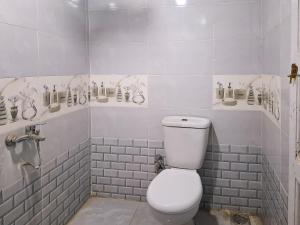 a bathroom with a white toilet and a shower at Nubian Home by Sara in Nag` el-Ramla