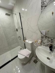 a white bathroom with a toilet and a sink at pyramids palace view With Rooftop Access in Cairo