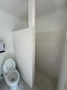 a white bathroom with a toilet and a shower at casa mediterranea in Calera de Tango