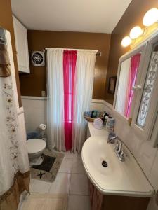 a bathroom with a white sink and a toilet at The Paradise House steps from the Heart of Hertel in Buffalo +13 photos