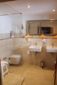 ein Badezimmer mit zwei Waschbecken, einem WC und einem Spiegel in der Unterkunft Hotel & Restaurant Grüner Baum - Die Grüne Oase Am Feldberg in Feldberg