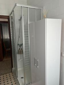 a white shower with a glass door in a bathroom at Casa das Pasadiñas-Burela in Burela de Cabo