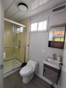Un baño con inodoro, lavabo y ducha. en EcOsaLodge, en Puerto Jiménez