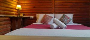 1 dormitorio con 1 cama con almohadas y lámpara en Cabañas PLÉYADES, en Charbonier 9 fotos más