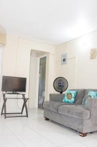 a living room with a couch and a flat screen tv at 2BR Villa Ocean Views Beach 5mins to Airport in Boscobel