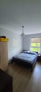 a bedroom with a bed in the corner of a room at Cosy one bedroom apartment in Tomaszów Mazowiecki