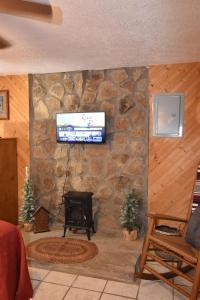 a room with a stone wall with a television and a stove at Laurel Lake Cabins in Corbin