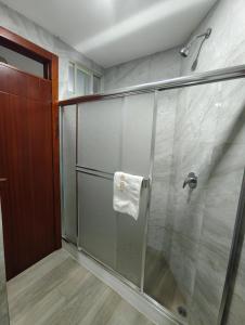 a bathroom with a glass shower with a towel on it at Zamora Suite GM Luxury in Zamora +46 photos
