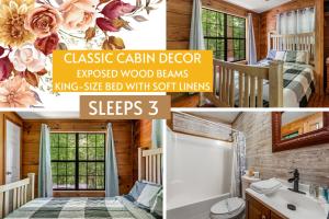 a collage of pictures of a bedroom with a bathroom at MTN Views, Hot Tub, WiFi, Sleeps 3 in Sevierville