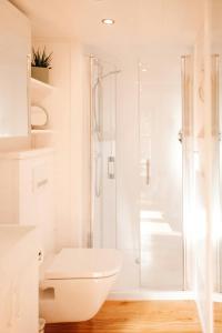 Un baño blanco con ducha y WC. en Modern Tiny House In Oldenburg Countryside, en Drantum