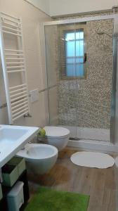 een badkamer met een douche, een toilet en een wastafel bij Il Tulipano in Matera